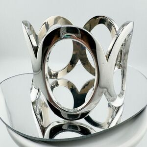 Vintage Silver Tone Chunky Oval Wide Clamp Cuff Bracelet Retro Statement Glam
